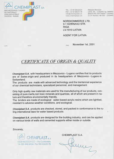 Chemiplast Resimarm certificate